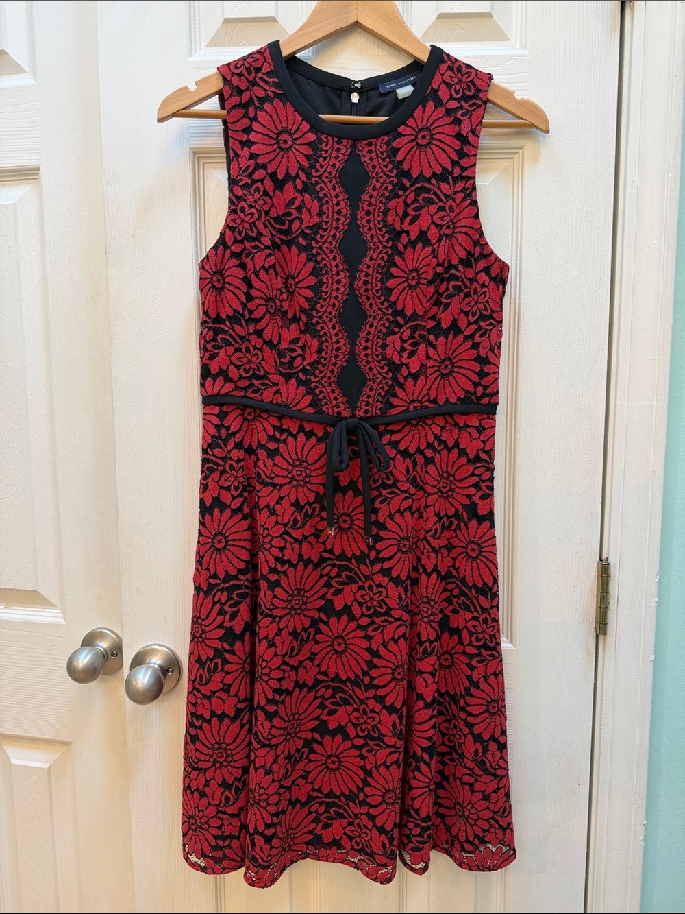 Tommy Hilfiger Red and Black Floral Lace Fit-and-Flare Dress